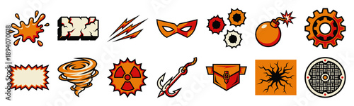 Comic Book Style Action Symbols and Urban Combat Element Kit for Superhero Game Graphic Assets