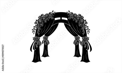 Elegant wedding arch silhouette with floral decorations and draped fabric.