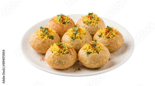 Traditional indian street food pani puri served on white plate with spicy potato filling sev