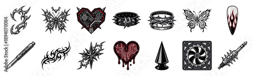 Cyber-Gothic Neotribal Graphic Element Asset Sheet for Dark Y2K Streetwear and Digital Edits