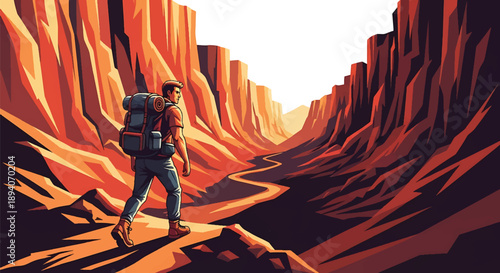 Young man trekking through a deep canyon landscape, modern vector illustration highlighting endurance, exploration spirit, rugged terrain, and adventurous travel lifestyle