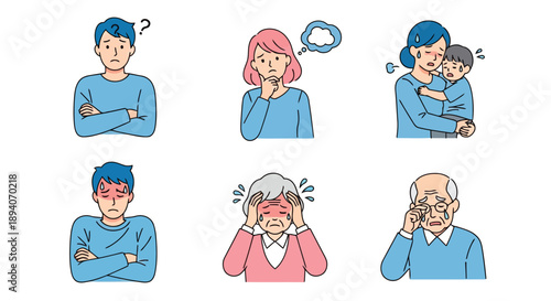 Vector illustrations of diverse individuals showing symptoms of illness stress and discomfort in everyday situations