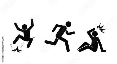 Silhouette illustration of energetic human motion showing jumping, running, and falling actions in minimalist style