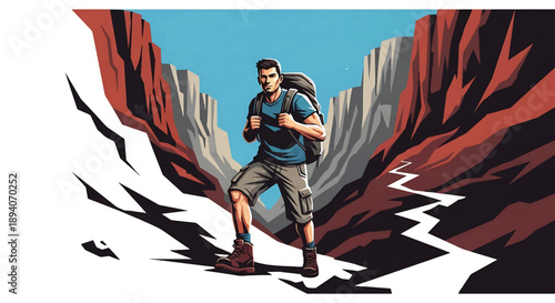 Young man trekking through a deep canyon landscape, modern vector illustration highlighting endurance, exploration spirit, rugged terrain, and adventurous travel lifestyle