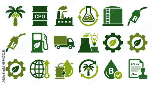 Solid Filled Palm Oil Biodiesel Icons � Biofuel Production and Renewable Energy System