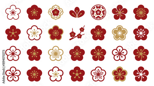 Flat Plum Blossom Icon Set � Traditional Floral Symbols and Decorative Elements