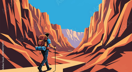 Young man trekking through a deep canyon landscape, modern vector illustration highlighting endurance, exploration spirit, rugged terrain, and adventurous travel lifestyle