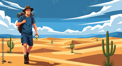 Young man crossing a vast desert with compass and backpack, modern vector illustration symbolizing survival skills, independence, exploration mindset, and global adventure travel