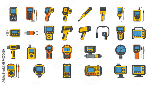 Flat Handheld Measurement Device Icon Set � Industrial Inspection and Digital Tools
