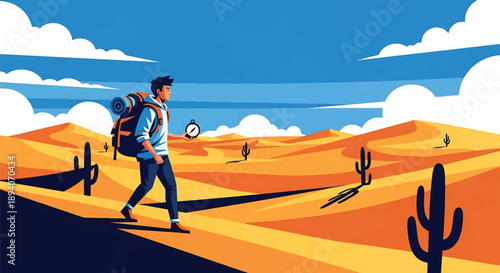 Young man crossing a vast desert with compass and backpack, modern vector illustration symbolizing survival skills, independence, exploration mindset, and global adventure travel