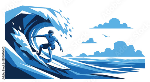 Young man surfing powerful ocean waves, modern vector illustration expressing extreme sport energy, freedom, strength, and adventurous coastal lifestyle
