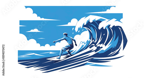 Young man surfing powerful ocean waves, modern vector illustration expressing extreme sport energy, freedom, strength, and adventurous coastal lifestyle