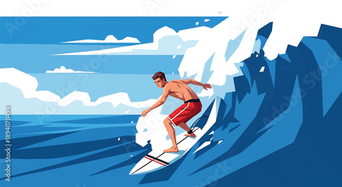 Young man surfing powerful ocean waves, modern vector illustration expressing extreme sport energy, freedom, strength, and adventurous coastal lifestyle