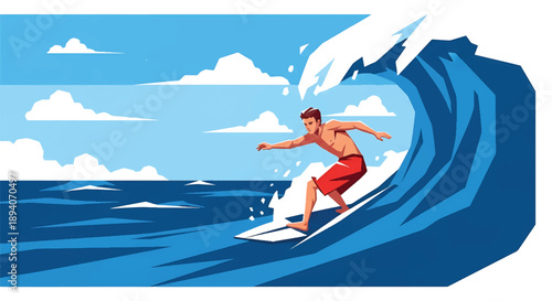Young man surfing powerful ocean waves, modern vector illustration expressing extreme sport energy, freedom, strength, and adventurous coastal lifestyle
