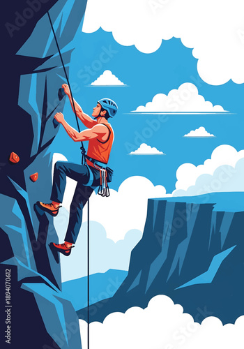 Young man climbing a steep rock face with safety gear, modern vector illustration showing courage, physical challenge, endurance, and extreme outdoor adventure