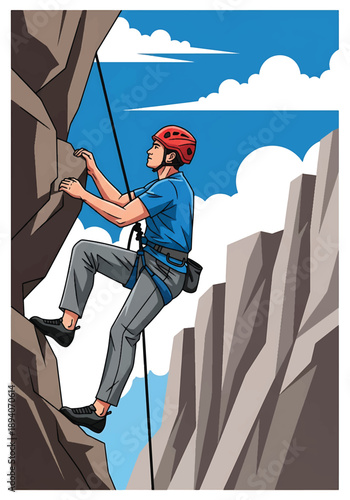 Young man climbing a steep rock face with safety gear, modern vector illustration showing courage, physical challenge, endurance, and extreme outdoor adventure