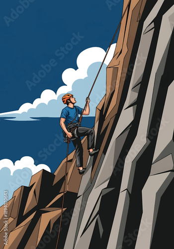 Young man climbing a steep rock face with safety gear, modern vector illustration showing courage, physical challenge, endurance, and extreme outdoor adventure