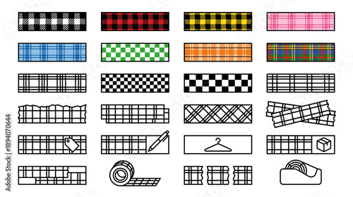 Outline Plaid Tape Line Icons � Buffalo Check Decorative Sticker Strips