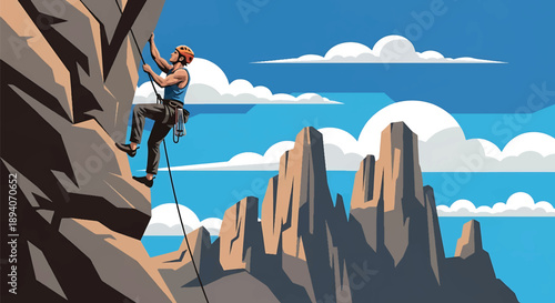 Young man climbing a steep rock face with safety gear, modern vector illustration showing courage, physical challenge, endurance, and extreme outdoor adventure