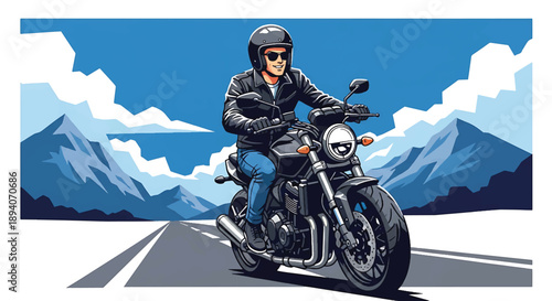 Young man riding a motorcycle on an open road through mountains, modern vector illustration symbolizing freedom, independence, and adventurous travel lifestyle