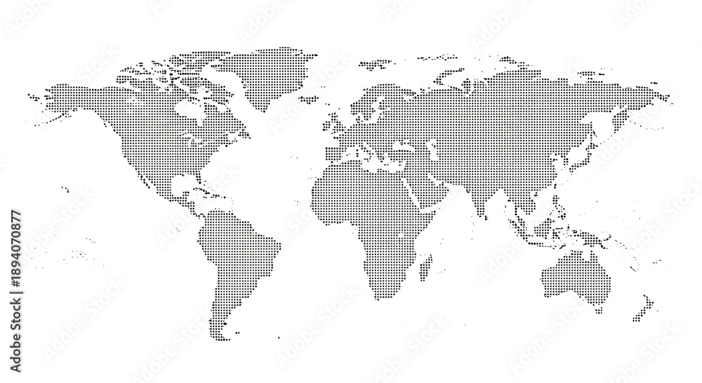 Fototapeta premium Minimalist world map of continents (North America, South America, Europe, Asia, Africa, Australia) formed by tiny black dots, against a transparent background with copy space, concept of global