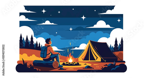 Young man camping alone in the wilderness with tent and campfire, modern vector illustration representing survival skills, solitude, and outdoor adventure lifestyle
