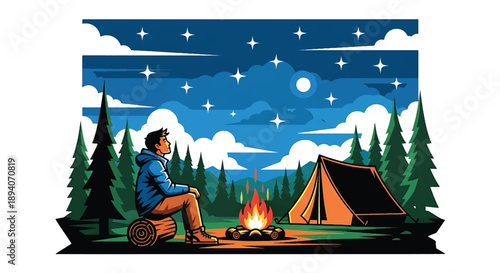 Young man camping alone in the wilderness with tent and campfire, modern vector illustration representing survival skills, solitude, and outdoor adventure lifestyle