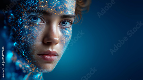 User interface of AI image generator application, artificial intelligence app generating detailed image, sci-fi robot realistic portrait, advanced text-to-image technology, futuristic