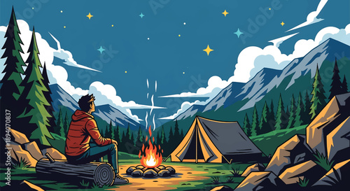 Young man camping alone in the wilderness with tent and campfire, modern vector illustration representing survival skills, solitude, and outdoor adventure lifestyle