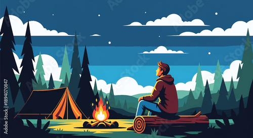 Young man camping alone in the wilderness with tent and campfire, modern vector illustration representing survival skills, solitude, and outdoor adventure lifestyle