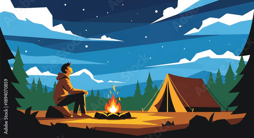 Young man camping alone in the wilderness with tent and campfire, modern vector illustration representing survival skills, solitude, and outdoor adventure lifestyle