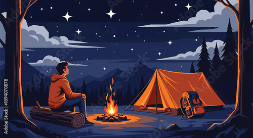 Young man camping alone in the wilderness with tent and campfire, modern vector illustration representing survival skills, solitude, and outdoor adventure lifestyle