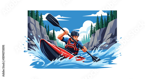 Young man kayaking through wild river rapids, modern vector illustration highlighting extreme water adventure, adrenaline, focus, and outdoor exploration spirit