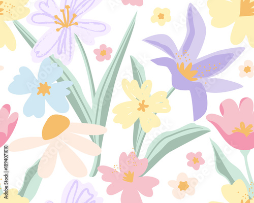 Soft pastel seamless floral pattern featuring cute hand-drawn wildflowers on white background. Delicate nursery design for baby fabric, kids wallpaper, wrapping paper, scrapbook and children's decor