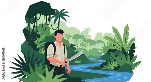 Young man exploring dense jungle terrain, modern vector illustration expressing survival adventure, discovery mindset, endurance, and connection with wild nature