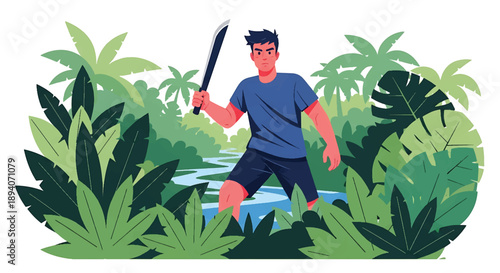 Young man exploring dense jungle terrain, modern vector illustration expressing survival adventure, discovery mindset, endurance, and connection with wild nature