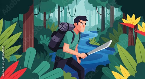 Young man exploring dense jungle terrain, modern vector illustration expressing survival adventure, discovery mindset, endurance, and connection with wild nature