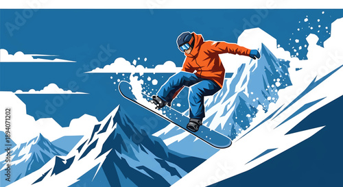 Young man snowboarding down steep mountain slopes, modern vector illustration showing winter sport adrenaline, speed, strength, and extreme adventure energy