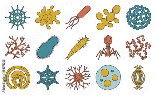 Vintage Linocut Microorganism and Bacteria Graphic Set for Scientific Education and Laboratory Research