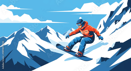Young man snowboarding down steep mountain slopes, modern vector illustration showing winter sport adrenaline, speed, strength, and extreme adventure energy