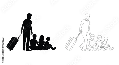 Silhouette and line art comparison of traveler with suitcase meeting a diverse group of seated people in casual conversation