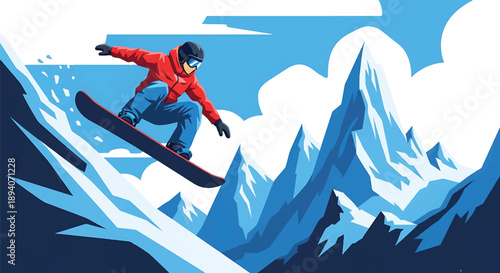 Young man snowboarding down steep mountain slopes, modern vector illustration showing winter sport adrenaline, speed, strength, and extreme adventure energy