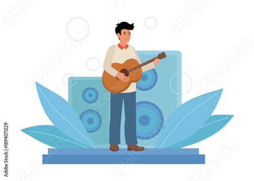 Young man with guitar standing on stage. Musician at his workplace. Amplifiers on background. Flat vector illustration