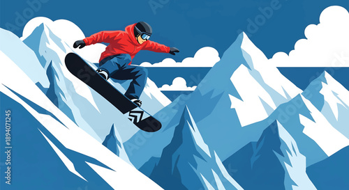 Young man snowboarding down steep mountain slopes, modern vector illustration showing winter sport adrenaline, speed, strength, and extreme adventure energy