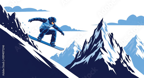 Young man snowboarding down steep mountain slopes, modern vector illustration showing winter sport adrenaline, speed, strength, and extreme adventure energy