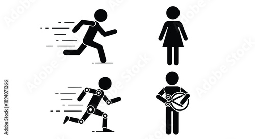 Silhouette set of human and robotic figures illustrating movement, family, stress, and futuristic concepts in minimalist design