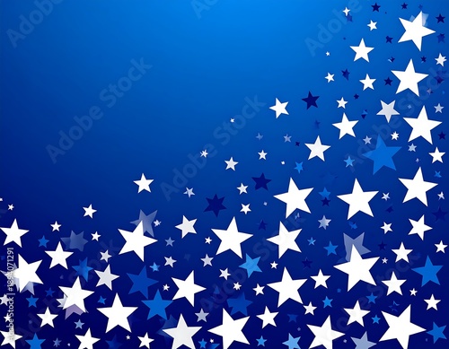 Deep blue background with scattered white and blue star shapes in varying sizes. Composition evokes celebration