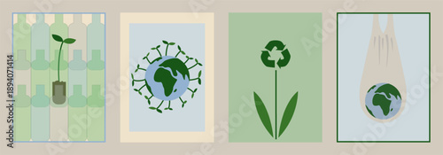 Earth Day concept posters with hand drawn Planet Earth and plants. Nature and ecology concept illustration. Set of eco posters.