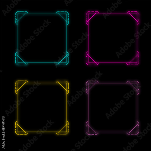 Set of vector neon square frames.