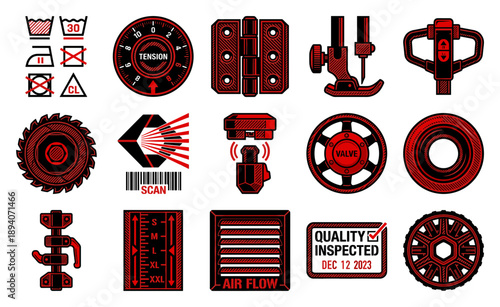 Industrial Engraving Style Garment and Hardware Manufacturing Asset Sheet for Textile Production Design